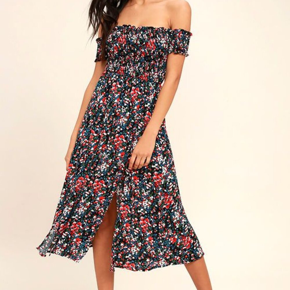 Lulus "View from the Meadow" black/red floral off-the-shoulder dress, size XL